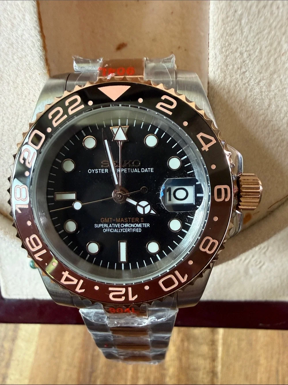 Seiko Mod-Custom Black Dial Two-Tone Bezel Watch with Rose Gold Accents